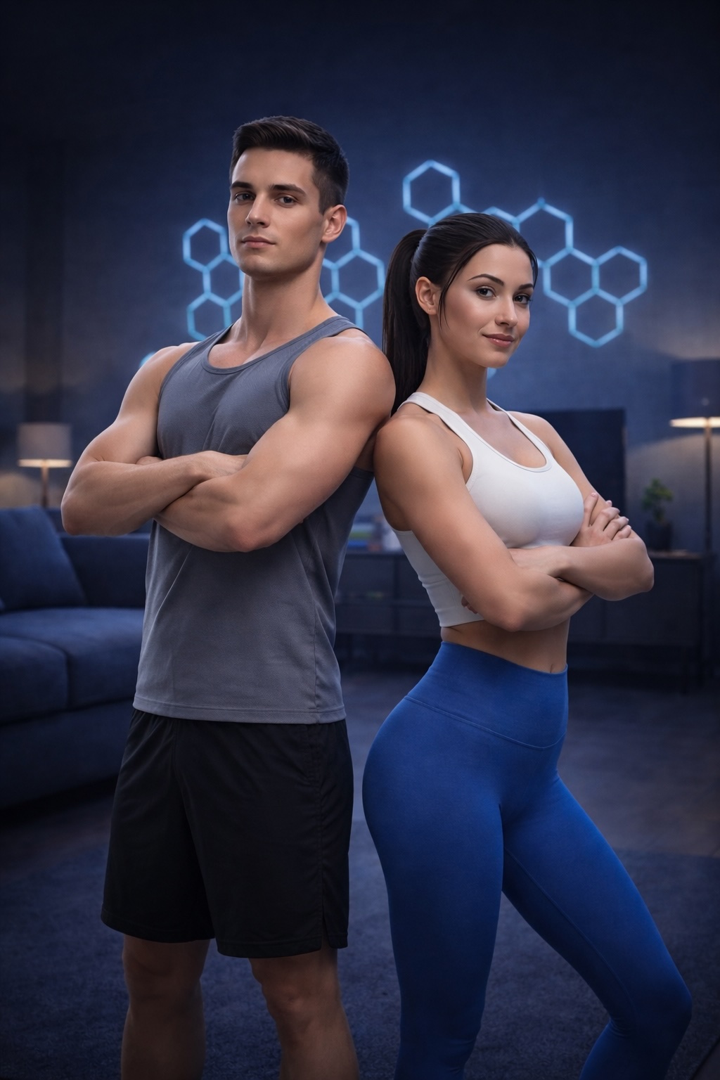 Two people standing in a softly lit room with neon hex lighting