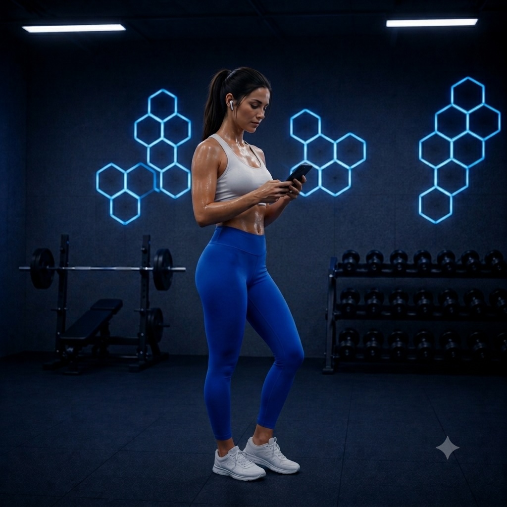 A woman in a gym checking her training plan on her phone.